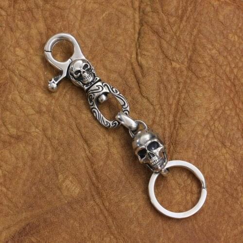 High Detail Skull KeyRing 925 Sterling Silver Mens Biker Punk Keychain TA249
