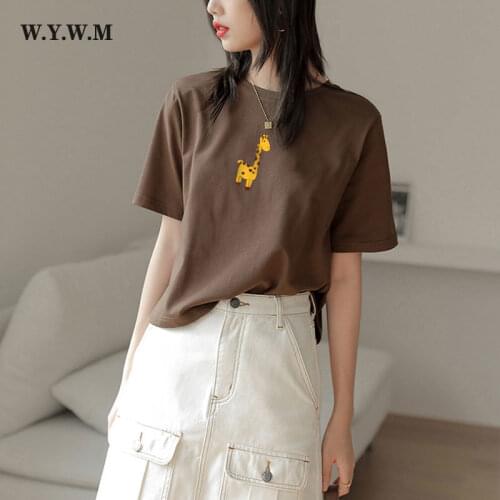 WYWM 2021 Summer Kawaii Cartoon Giraffe Printed Tshirts Women Cute Harajuku Graphic Tee Girls Loose Short Sleeve Green Tops