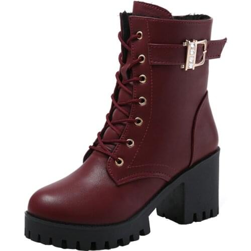 Hot Sale Women Boots Lace Up Flat Biker Combat Wine Red Boots Shoes Buckle Woman Botas Women 0 Boots 2019 New yuj8