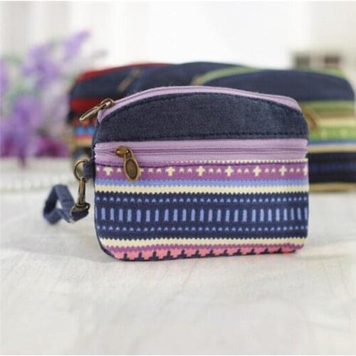 Women Ethnic Cotton Fabric Coin Purse Clutch Key Card Holder Children Kids Wallet Double Zipper Coin Purses porte monnaie femme