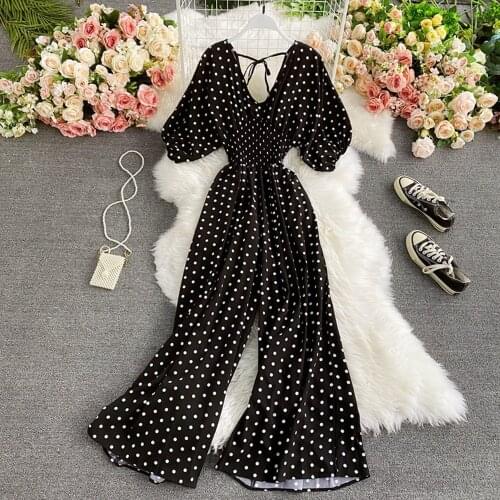 Puff Sleeve Womens Jumpsuit Summer Deep V Neck Wide Leg Romper Female Polka Dot Playsuit Casual Loose Elegant Fashion Wear 2021