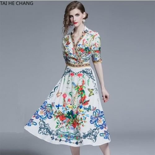 Women Dress Summer Spring Elegant Slim Bodycon Vintage A-line Party Casual Runway Print Long Midi Shirt Office Work Dresses