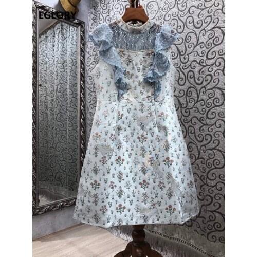 Vintage Dress 2021 Spring Summer Fashion Style Women Vintage Jacquard Print Lace Patchwork Sleeveless Blue A-Line Dress Princess