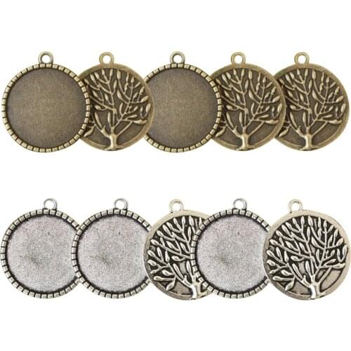 10pcs Life Tree Charming Pendant Base Setting Blank Bezel Tray With Round 25mm Glass Cabochon Dome Cameo for DIY Jewelry Making