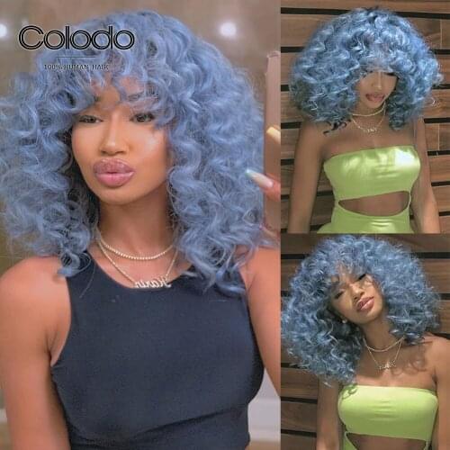 180% Density Full Bangs Curly Human Hair Wig Pre Plucked Lace Front Human Hair Wigs Malaysian Remy Transparent Lace Wigs COLODO