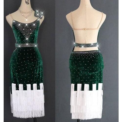 2019 Latin Dance Dress Women Velvet Dark Green Rhinestone Dress White Fringe Singer Stage Perform Competition Latin Dress VDB135