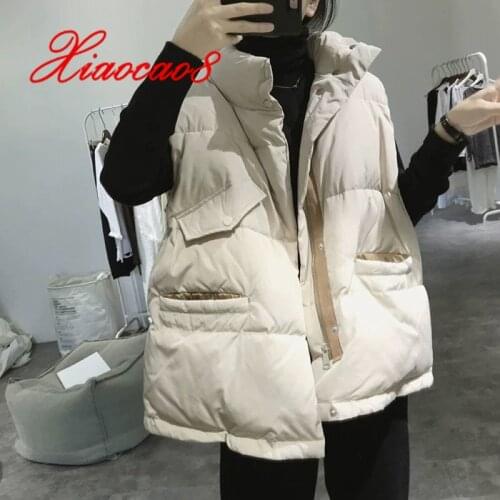 2021 Women Down Cotton Jacket Sleeveless Vest Winter Warm Stand Collar Coat Korean Style Solid Short Overcoat Zipper Plus Size
