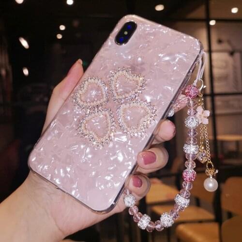 For iphone 12 Mini 11 Pro XS Max XR X 8 7 6 6S Plus SE Bling Diamond Cute Love Heart Case Cover With Crystal Flower Hand Chain