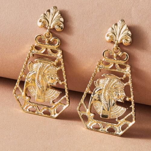 Docona Vintage Hollow Geometric Portrait Drop Earrings for Women Elegant Gold Color Metal Earrings Fashion Jewelry Party Gift