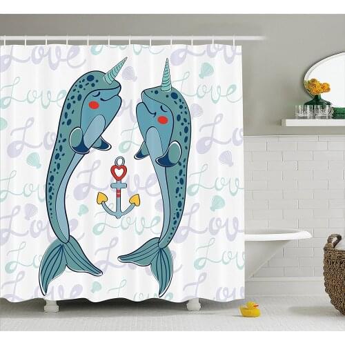 Narwhal Shower Curtain Couple of Whales with Horns in Love Valentines Day Themed Nautical Illustration Home Decor Bath Curtains