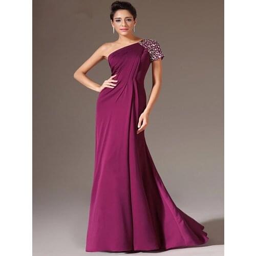 Elegant Evening Dresses A-line One-shoulder Chiffon Beaded Long Dubai Saudi Arabic Evening Gown Prom Dresses