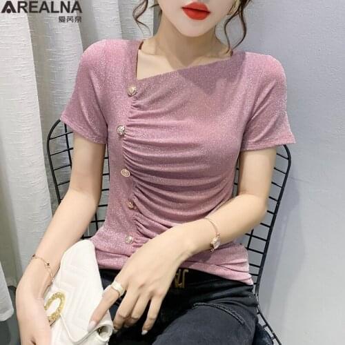 Tshirt women 2021 summer short sleeve Button pleated tee shirt streetwear square collar sexy female t-shirts bodycon ladies tops