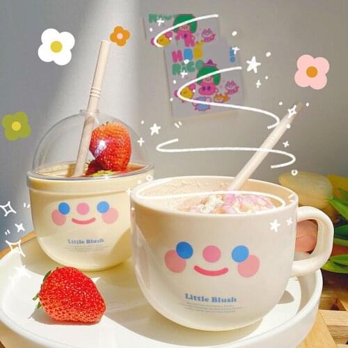 Personality Cup Fruit Salad Plastic Mug Cute INS Creative Sippy Cup Smile Breakfast Milk Bottle Kitchen Tableware Cup Coffee