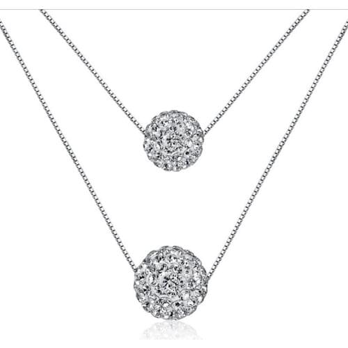 KOFSAC New Double Layer Ball Full Rhinestone Pendant Necklaces For Women Clavicle Chain 925 Silver Necklace Jewelry