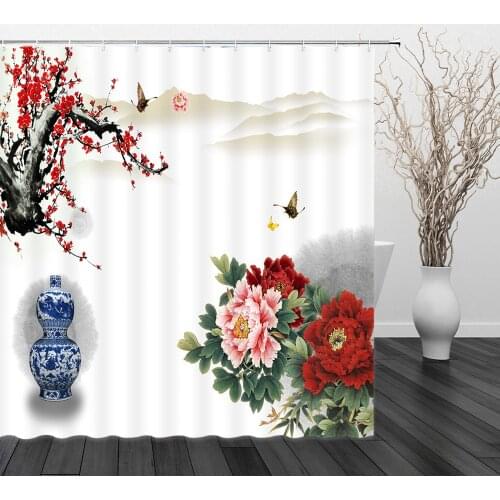 Colorful Peony Lotus Flowers Fish Bird Butterfly Shower Curtain Sets Bath Mat Polyester Waterproof Bathroom Home Curtains