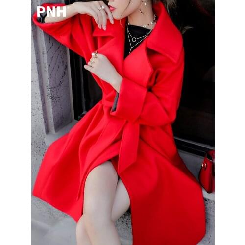 Red Coat Womens Mid Long Marriage Korean Version Woolen Sweater Womens New Autumn Winter 2021