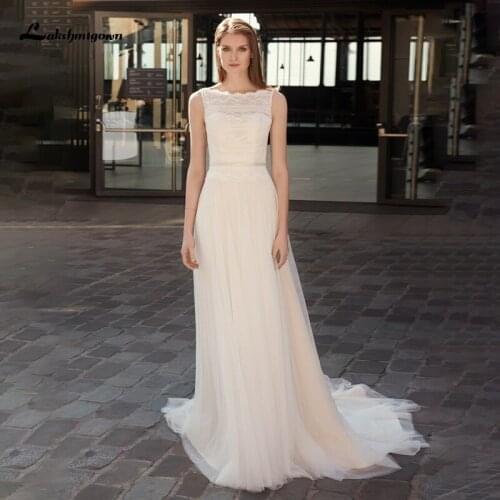 Lakshmigown Boho Lace Wedding Dress 2021 Scoop Neck A Line Beach Wedding Gown Tulle Long Bridal Dresses vestido de novia