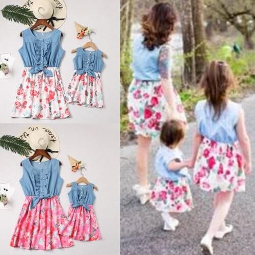 Summer Mother and Daughter Dresses Family Matching Clothes Women Kids Girl Ruffles Sleeveless Floral Dress Elegant Flower Outfit