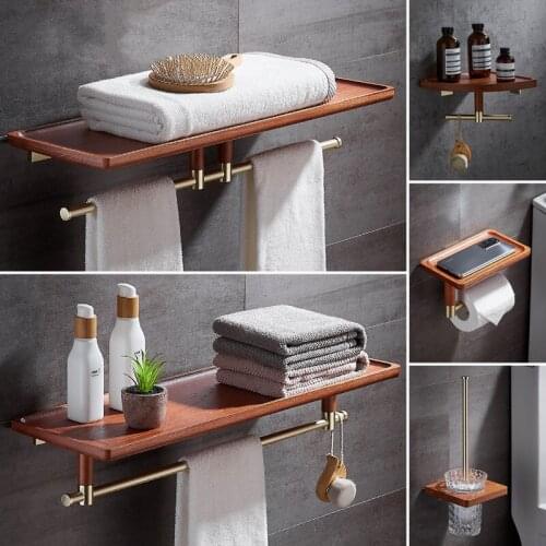 Gold Bathroom Accessories Set Soild Brass & Wood Towel/Paper Rack Corner Shelf Toilet Brush Holder Bath Hardware New Arrival