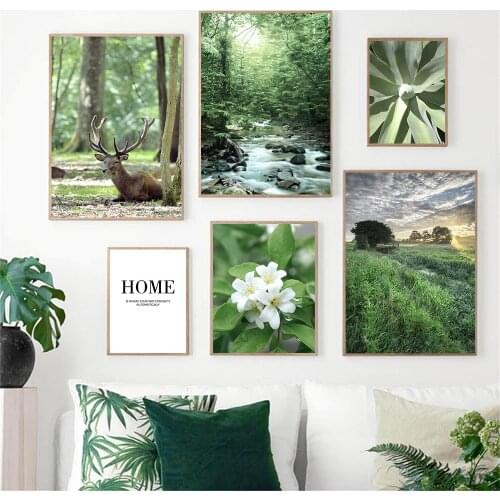 Deer Forest River Falls Landscape Wall Art Poster Leaf Flower Print Quotes Canvas Painting Scandinavia Picture Living Room Decor