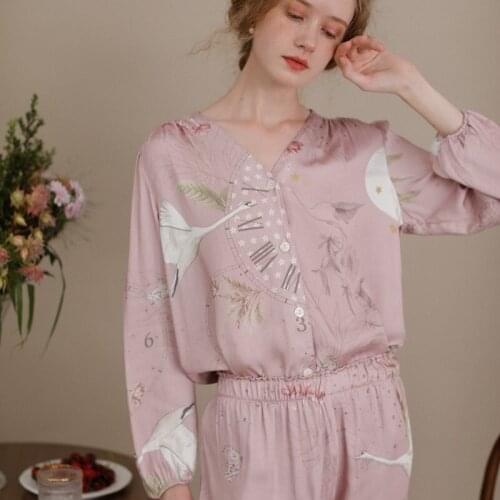 Fashion Soft Viscose Womens Long Sleeve Pajama Sets Vintage Print V-neck Sleepwear Spring Autumn Loose Casual Pajamas