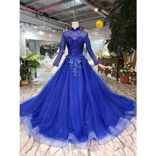AnXin SH Luxury princess navy blue lace high neck beading crystal illusion long sleeve sparkly wedding dress 100% real photos