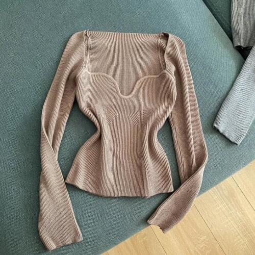 Sexy Low-cut Square Collar Elegant Ladies Knitted Top Autumn Winter Fashion Knitted Women Long Sleeve T-shirt