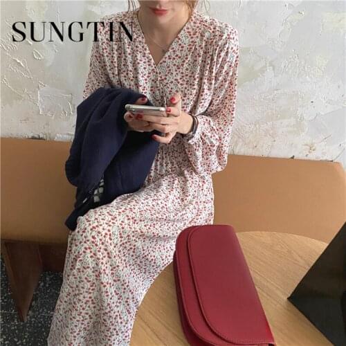 Sungtin Casual Spring V Neck Long Floral Dress Women Floral Print Slim Waist Female Flower Dress Elegant A-line Vestidos Korean