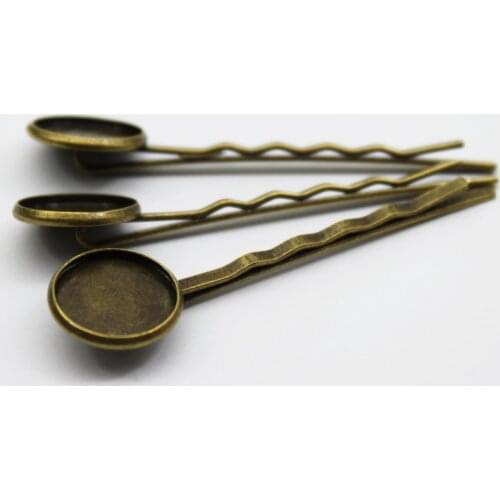 14mm 10pcs Copper Hair Clips Antique Bronze Brass Plated Hairpin Cameo Glass Cabochons Base Supplies for Jewelry