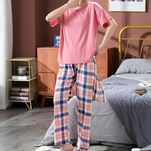 2021 Spring Summer Women Short Sleeve O Neck T-shirt Blouse Plaid Pants Loose Pajamas Sleepwear Set pyjama pour femme