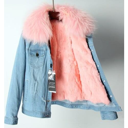 Ladies Real Fur Parka Women Denim Jacket Winter Natural Rabbit fur Lining Parka Coat Real Raccoon Fur Collar Jacket Women