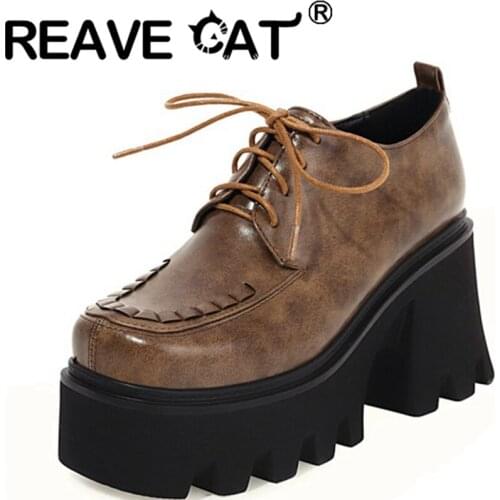 REAVE CAT 2021 Summer Fashion Ladies Sexy Pleated Platforms High Thick Sole 8cm Lace Up Square Toe Punk Size 35-44 Yellow A4153