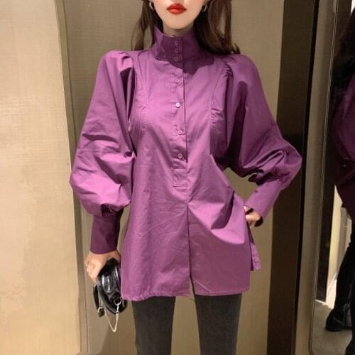 2020 New Fashion Spring Autumn Women Casual Loose Button Midi Long Blouse Female Solid Stand Collar Long Sleeve Shirts Tops 1792