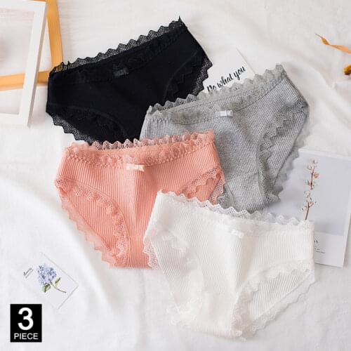 Panties Woman Cotton Sexy Lace Briefs Fashion Solid Color knickers Girls Bow Underpants Set Underwear Dropshipping 3 Pcs/lot