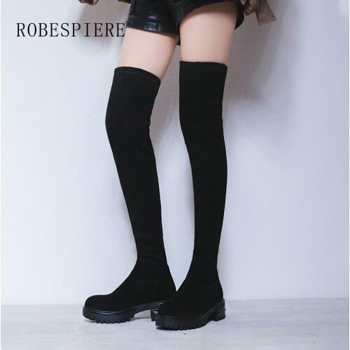 ROBESPIERE Black Women Over The Knee Boots Quality Genuine Leather Warm Winter Shoes Platform Low Heel Large Size Lady Boots B94