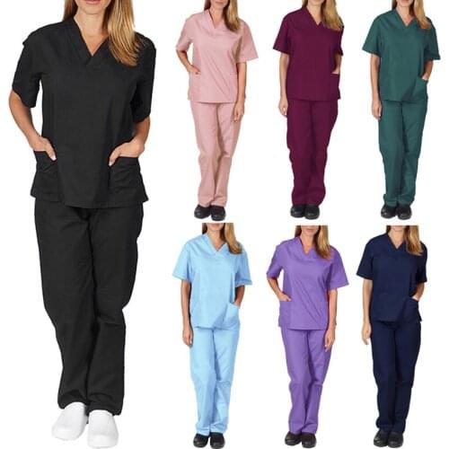 Womens Solid Stretch Uniform Summer Scrub Set V Neck Top Cargo Tapered Jogger Pants Nurses Healthcare Short Sleeve Uniforms