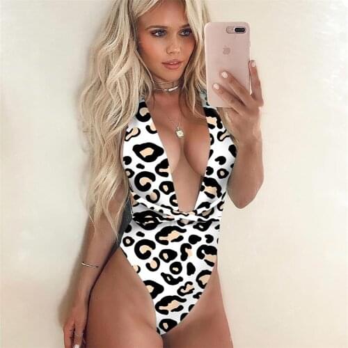 2021Sexy One Piece Deep V Swimsuit Women Push up Swimwear Fashion Lepard Print High Waist Bodysuit Lace-up Backless Bathing Suit