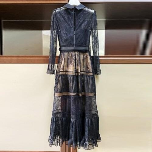 Fashion Black Runway 2021 High Quality Designer Long Sleeve Flower Embroidery Turn-Down Collar Party Dress