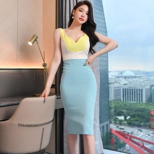 Sexy V-Neck Party Dress 2021 Summer Temperament Elegant Hit Color Splicing High Waist Office OL Slim Pencil Dress Femme Vestidos