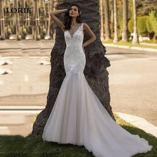 LORIE 2021 New Arrival V Neck Mermaid Wedding Dresses Sleeveless Illusion Back Appliqued Lace Bridal Gowns Sweep Train