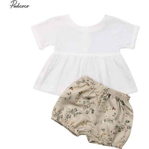 2020 Sweet Baby Girl Newborn Cotton Linen Cute Outfit Shirt Tops & Floral Shorts Sunsuit Solid Short sleeve Shirt Top Shorts Set