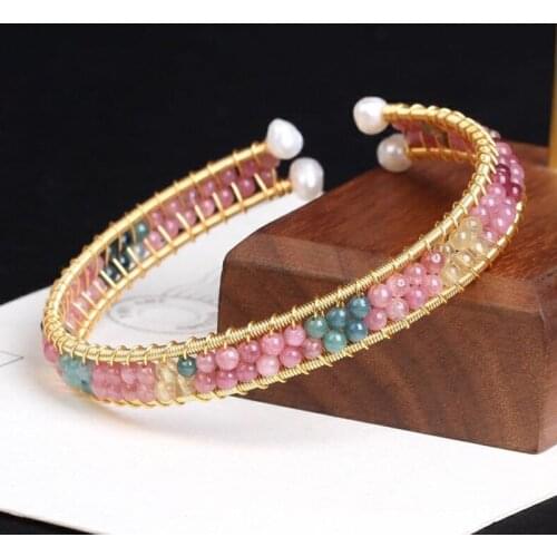 2021 New Handmade 14KGF Wire Wrap Cuff Bracelet Tourmaline Natural Stone Bangle Femme Charm Jewelry for Women