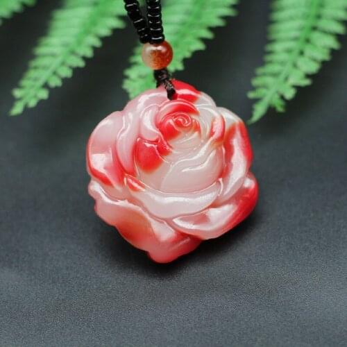 Rose Flower Natural Red White Jade Pendant Necklace Chinese Carved Charm Jewelry Fashion Amulet for Men Women Couple Gifts