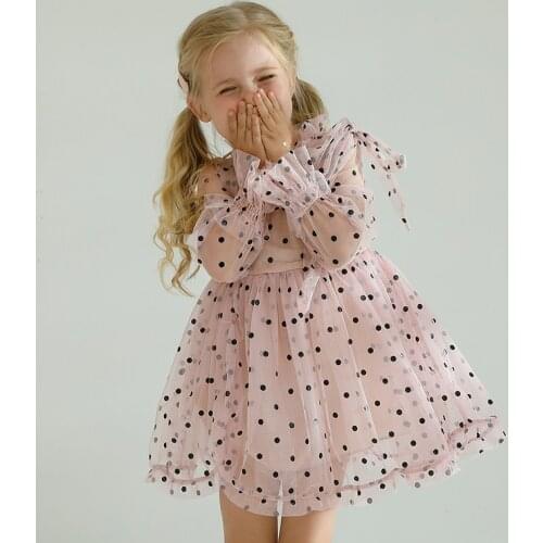 Kids Dresses for Girls Autumn Dots Fall Clothes Mesh Full Sleeves Dress For 3-8 Years Children Girl Casual Wear for Little Kid