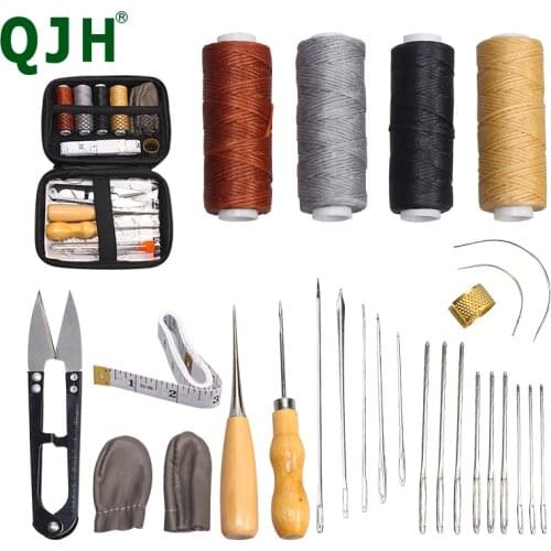 28pcs Multifuncation Sewing Kit Set Awls Waxed Thread Finger Protection Cap Scissor DIY Leather Craftwork Household Supplies