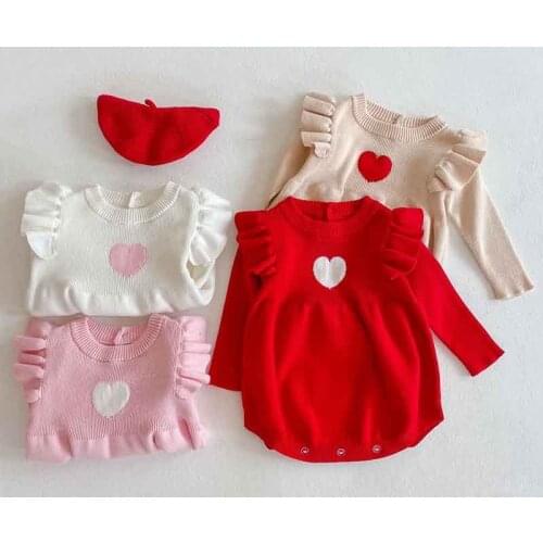 Autumn Winter Baby Girl Sweater Love Flying Sleeve Fine Knit Bodysuit Infant Long Sleeve Jumpsuit