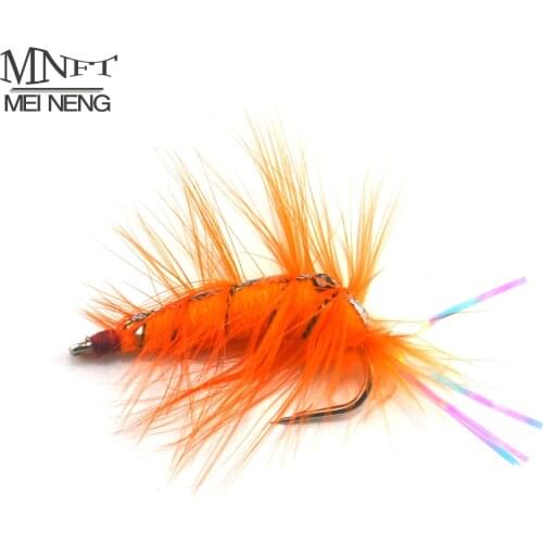 MNFT 4Pcs Orange Shrimp Saltwater Bait Fish Flies with Rainbow Flashabou Tail Artificial Trout Fly Fishing Hooks