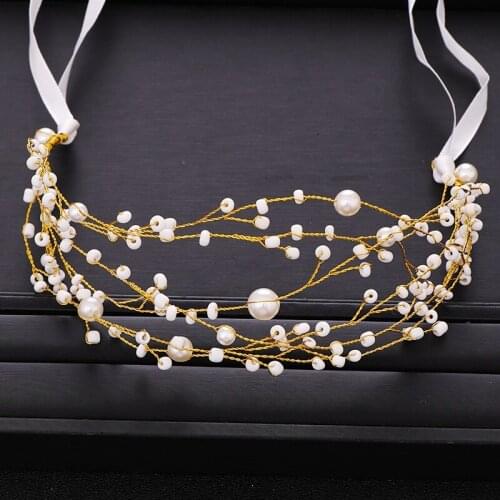 Trendy Bride Hair Accessories Gold Tiara Pearl Headband Wedding Headdress Prom Female Hair Accessories Bridal Tiara Handmade