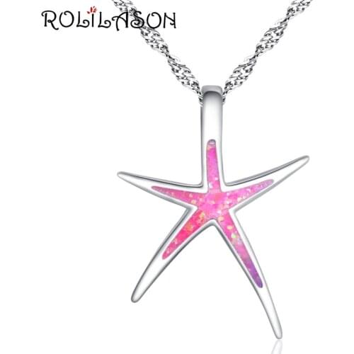 ROLILASON Star design women necklace pink fire opal silver stamped Necklace Pendants Health fashion jewelry OP822