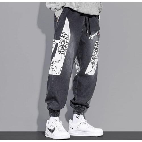 Tide brand personality printed jeans mens Korean version of the trend loose harem beam pants ins light graffiti casual pants